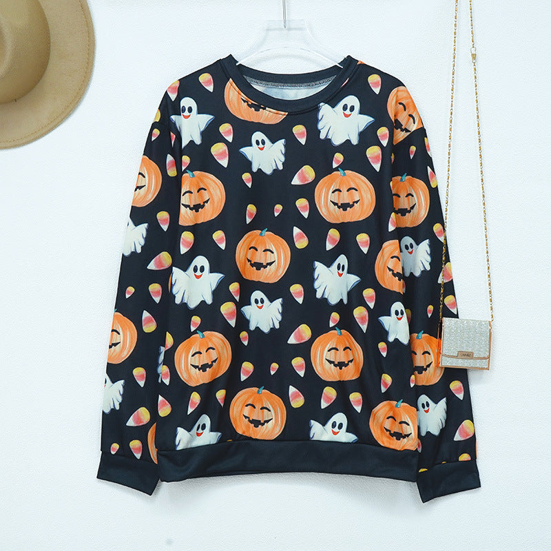 Women's Halloween Pumpkin Print Long Sleeve Loose Sweatshirt