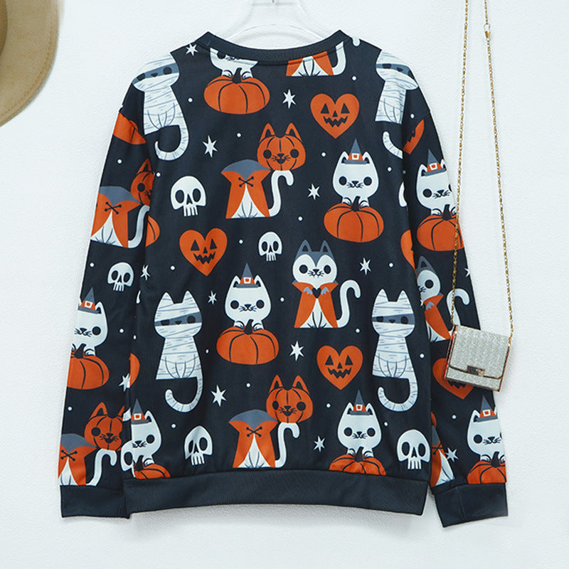Women's Halloween Pumpkin Print Long Sleeve Loose Sweatshirt