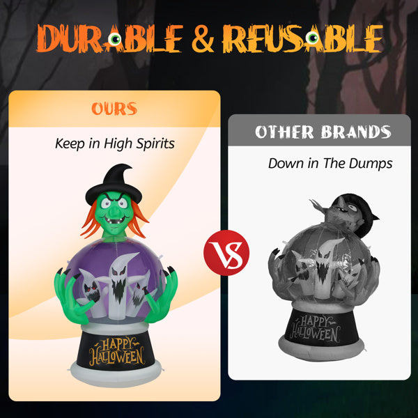 5.9ft Witch Crystal Ball With 3 LED Lights And 3 RGB Lights, Halloween Inflatable Decoration